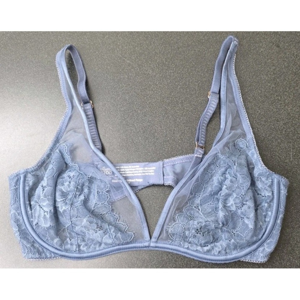 SOMA Breathtaking Unlined Plunge Women 32DD Bra Blue Floral Lace Sexy